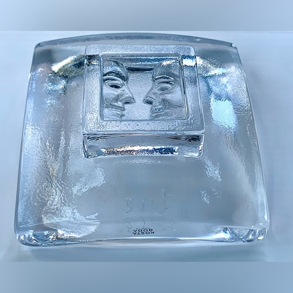 Kosta Boda "Live" Square Footed Thick Concave Glass Trinket Dish Two Faces - Picture 9 of 9